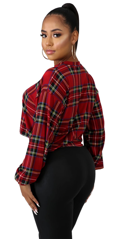 Round Neck Long-Sleeved Striped Plaid Pullover Top NSSJW96963