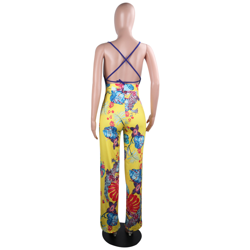 Boutique Sling Backless Slit Leaf Printed Jumpsuit