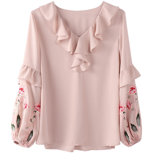 Autumn embroidered V-neck chiffon shirt lotus leaf edge