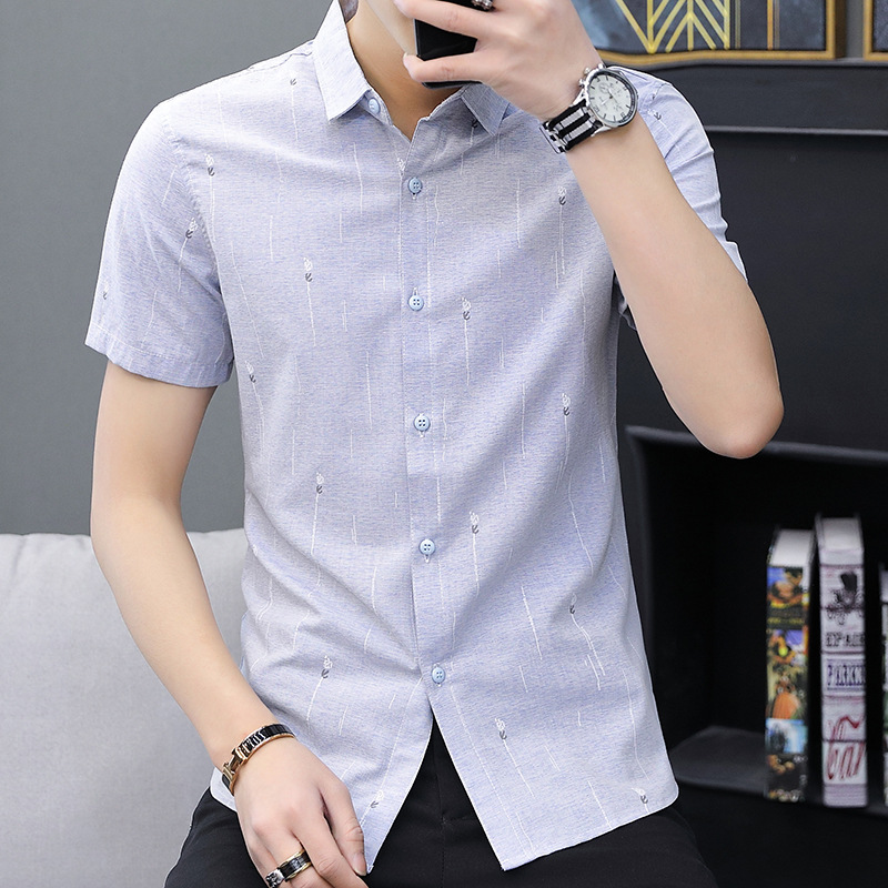 襯衫男士短袖修身韓版ins潮牌印花夏季新款男裝時尚休閑短袖寸衫