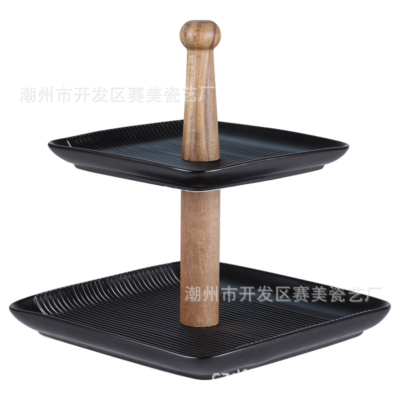 Directo de fábrica Estilo nórdico cuadrado recto de doble capa plato de fruta plato de merienda de cerámica plato de pastel de té de la tarde Placa de cadena