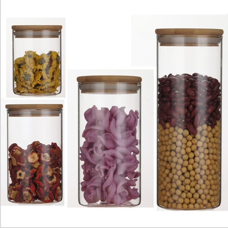 Directo de fábrica de alta vidrio de borosilicato sellado frasco botella vacía cubierta de bambú tarro de té tarro de almacenamiento de vidrio transparente