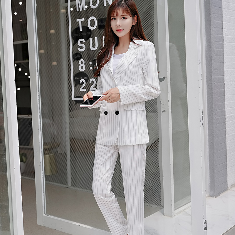 2021 Spring new pattern Korean Edition handsome Lapel stripe Women's wear man 's suit coat lady Ninth pants suit suit