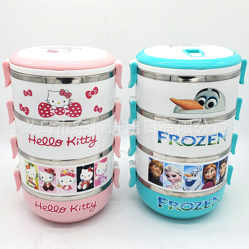 Factory direct sales of stainless steel round lunch boxes, multi-layer combination, single box, cartoon multi-color student and children's lunch boxes detail image 6