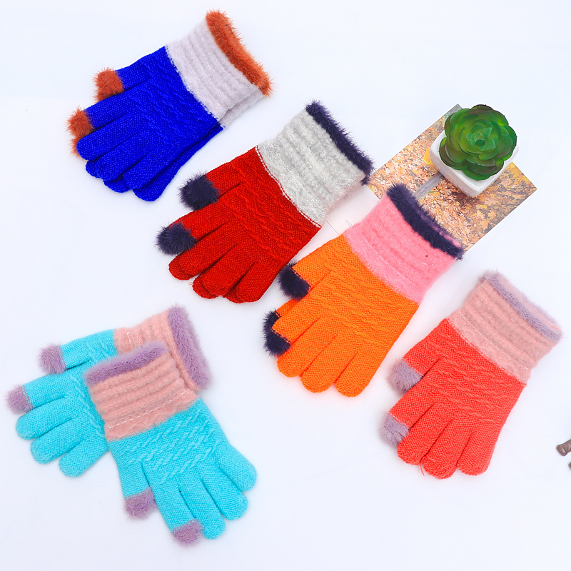 新款秋冬时尚男女儿童全指貂绒手套针织提花保暖加绒魔术手套|ru