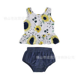 INS爆款童装亚马逊/速卖通春款女童太阳花无袖婴童套装新生儿套装