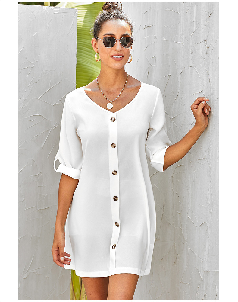 Solid color single breasted high waist A-line five-point sleeves V-neck women s short dress NSSI2462