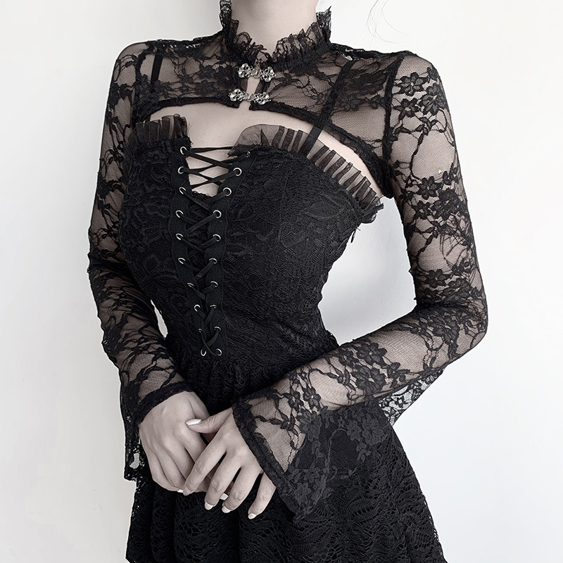 Black Trumpet Sleeve Stand-Up Collar Smock & V-Inner Tight Long-Sleeved See-Through Lace Dress NSGYB97741