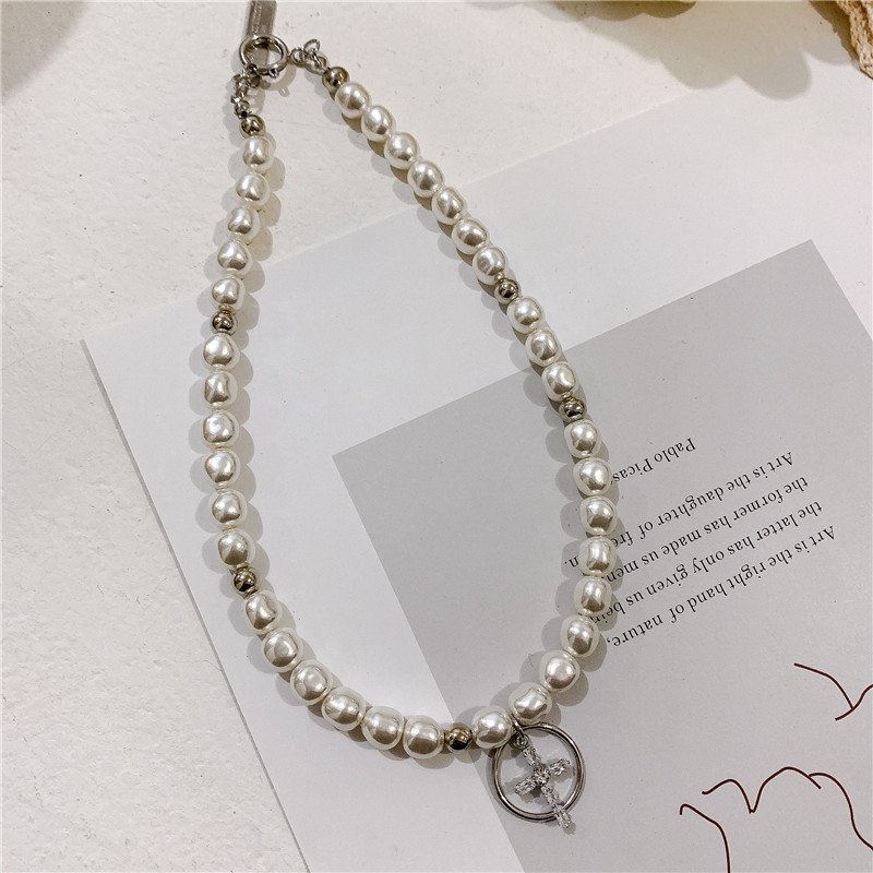 Irregular Pearl Necklace Short Fashion Rhinestone Clavicle Chain Cross Neck Chain Women display picture 4