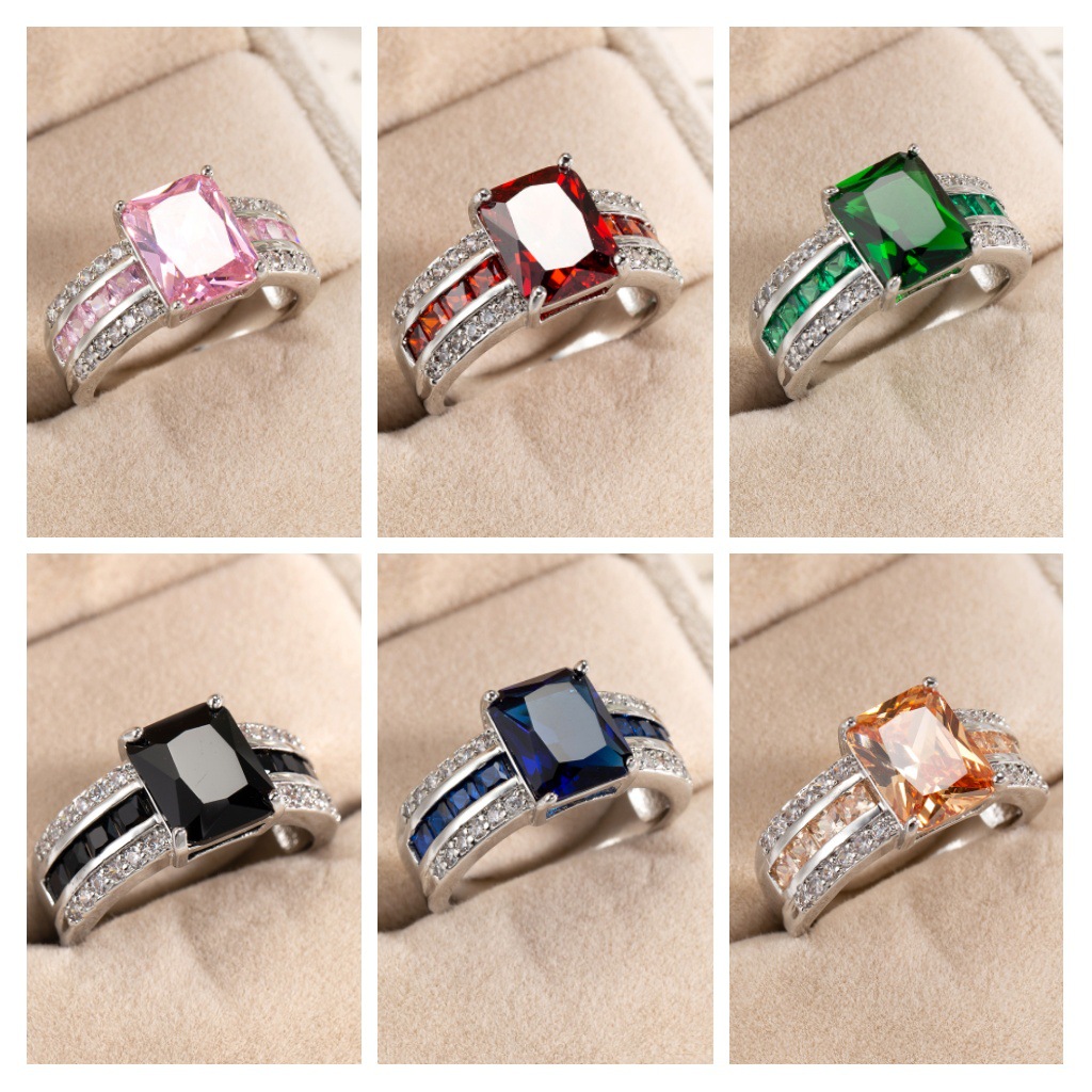 Cross-border Light Luxury Colorful Zirconium Ring Women's European and American Creative Zircon Jewelry Fashion Jewelry Classic Wedding Square Jewelry
