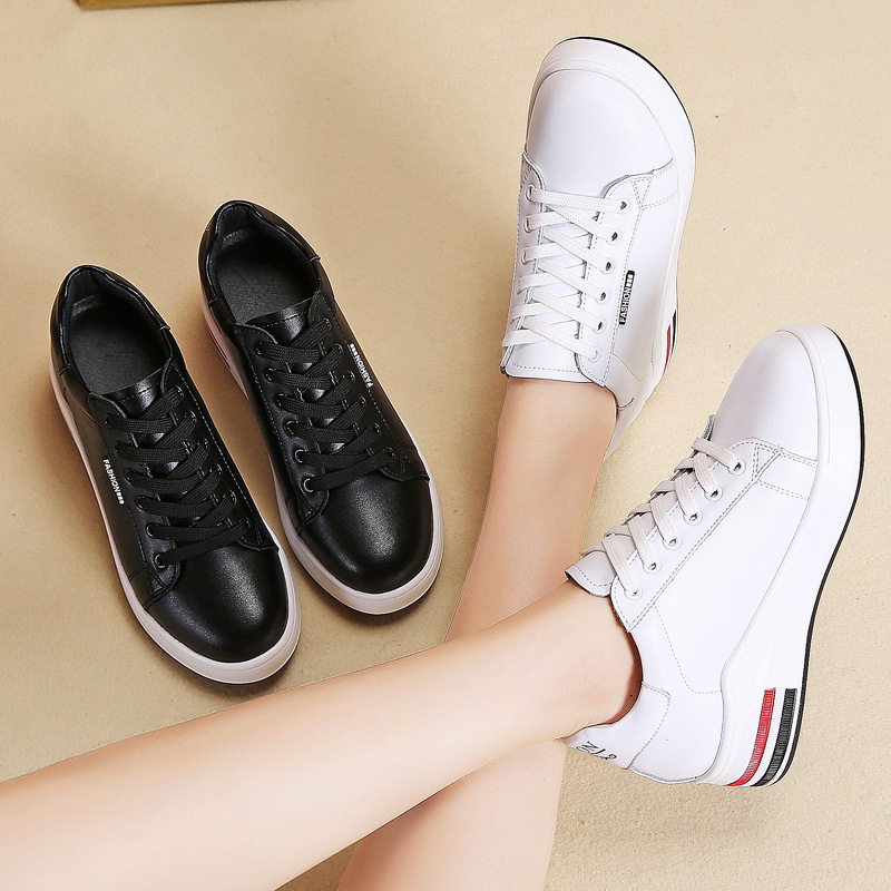 Inside heightening women's shoes leather small white shoes female students Korean muffin lace up casual single shoes ins dad shoes female Lady Shoes