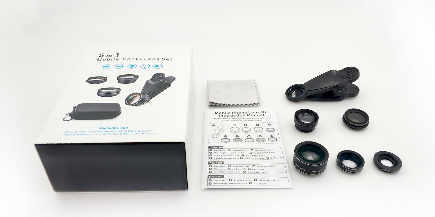 Cinco en un traje de lente de teléfono móvil 0.63X gran angular 15X macro 198 ° fisheye 2X aumento de la distancia polarizador