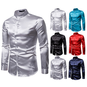 Men's silver red turquoise black stage performance glitter satin silk shirt high quality shiny long sleeve henley collar host singers shirt