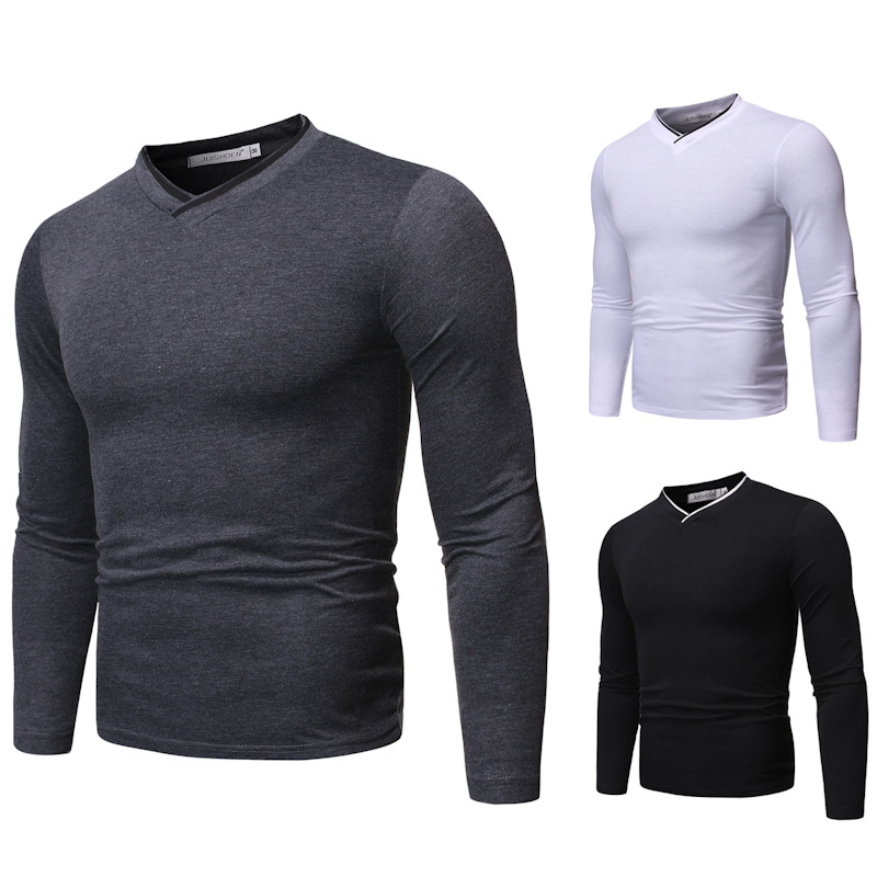 Autumn and winter new men's V-neck cylinder strip slim long sleeve T-shirt large thin casual bottom shirt foreign trade men's T-shirt