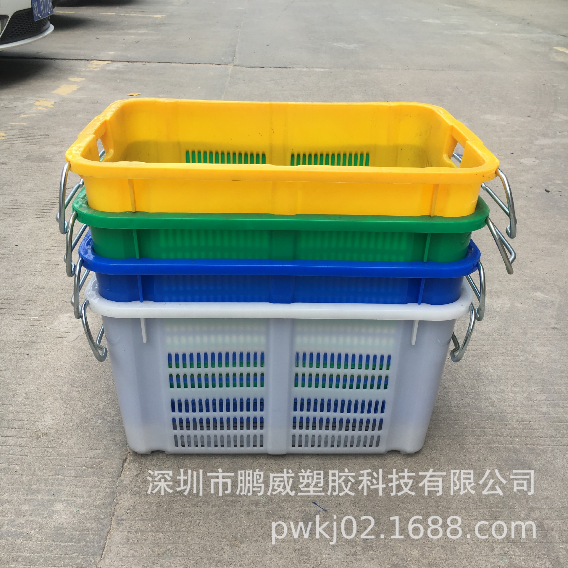 供应上海/江苏塑料菜萝胶筐23#加厚缕空铁耳萝生鲜配送周转筐带耳