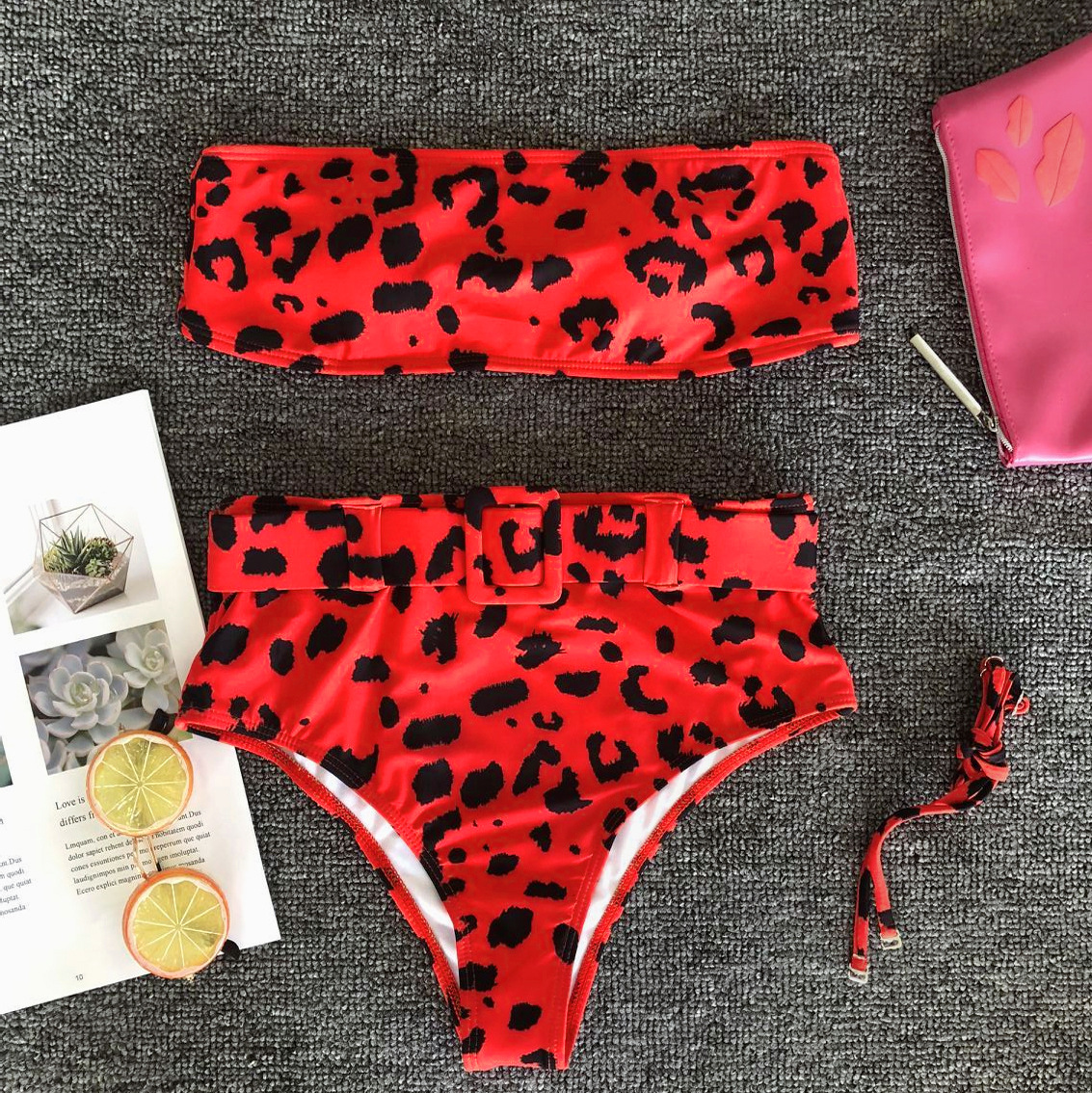 sexy red leopard tube top metal buckle belt high waist bikini two-piece swimsuit nihaostyles wholesale clothing NSCMB97583