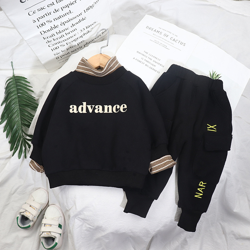 童裝冬款新品加絨加厚套裝 爆款字母高領精品兒童兩件套1-4歲代發