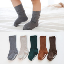 秋冬新款防滑點膠寶寶襪子嬰兒高筒無骨松口地板襪雙針兒童堆堆襪