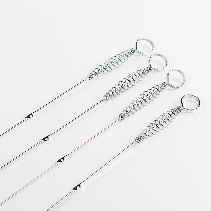 Promoción de la fábrica pinchos de acero inoxidable mango de primavera palo de barbacoa pinchos redondos herramienta de barbacoa aguja palo de carne