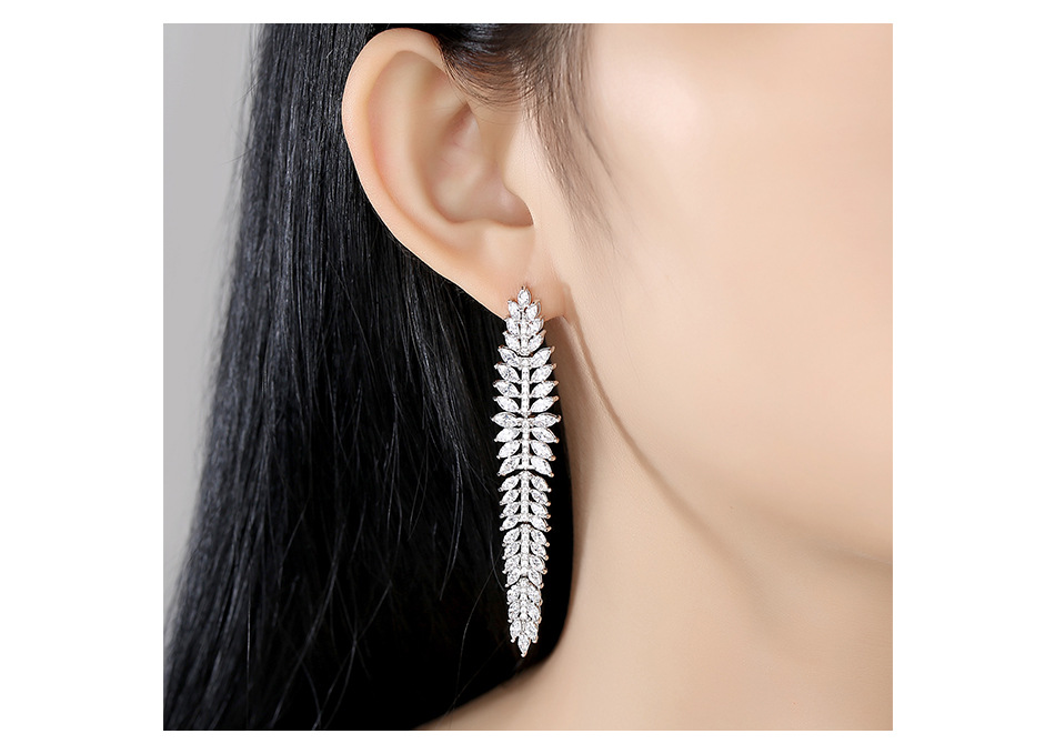 Jinseqin Weiden Ohrringe Mode Europäisches Und Amerikanisches Temperament Damen Kupfer Eingelegter Zirkon Lange Bankett Ohrringe Ohrringe Geschenk display picture 3