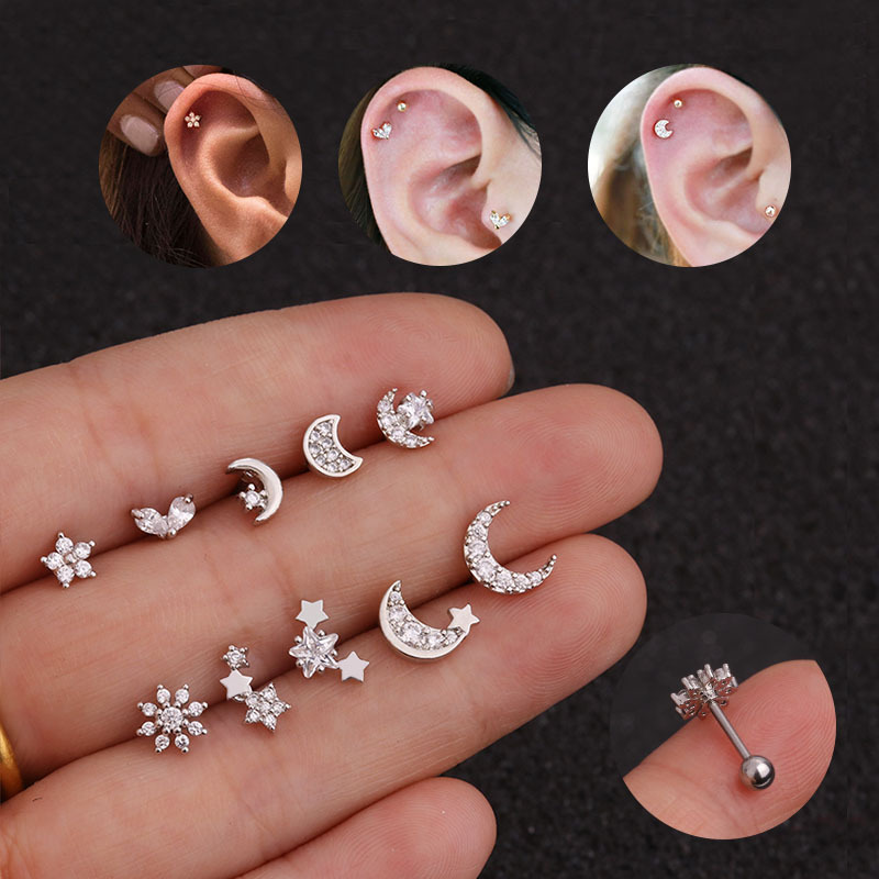 2PCS  Popular Zircon Micro Inlaid Earbone Studs Stainless Steel Flower Screw Small Earrings Creative Puncture_voghion.com