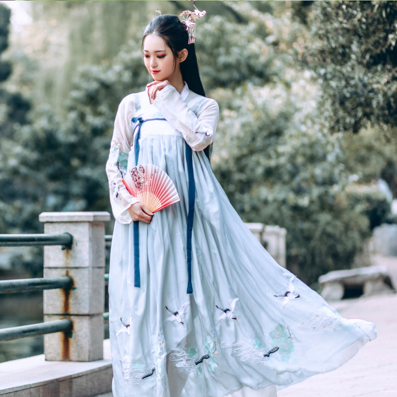 汉服女中国风齐胸襦裙仙鹤逍遥客古装仙女裙清新淡雅改良古风女装