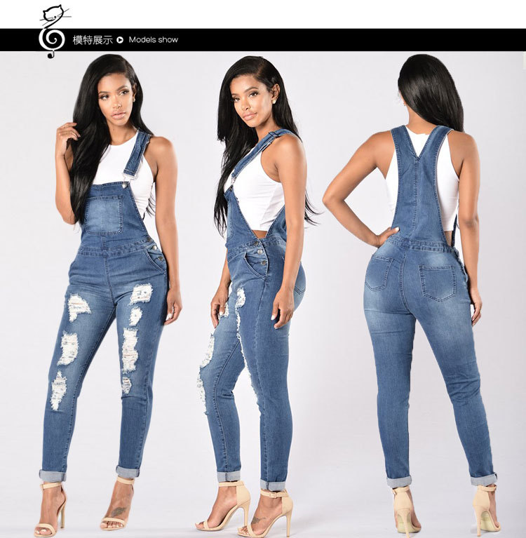 316 # Aliexpress New Amazon Wish Ebay European and American Popular Ripped Denim Overalls for Women