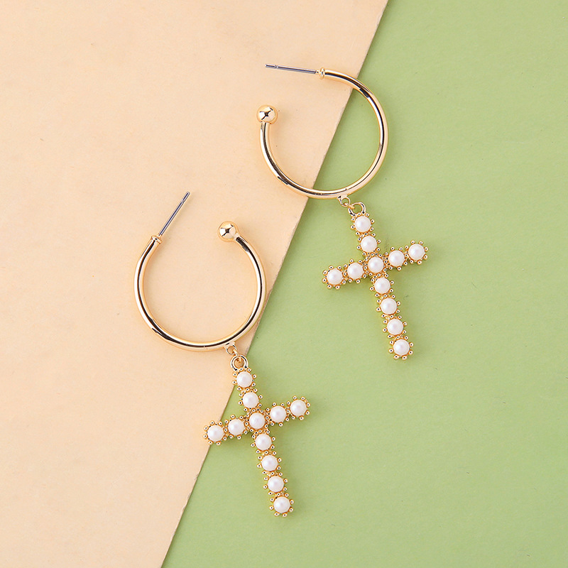 Fashion Long Cross Pearl Inlaid Earrings display picture 6