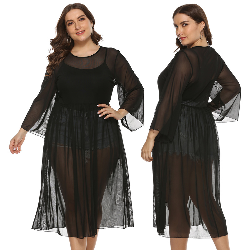 Cross-border Large Size Women's Sexy Perspective Mesh Pleated Skirt Flare Sleeve Tight Waist Mid-length Blouse Dress 1419