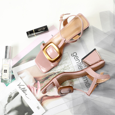 2020新款夏季粗跟百搭中跟一字扣带方头chic仙女风复古罗马凉鞋女