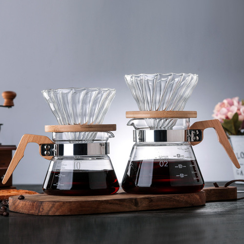 Supply of high borosilicate coffee set glass coffee pot hand brewed coffee pot coffee sharing pot teapot wooden handle glass pot
