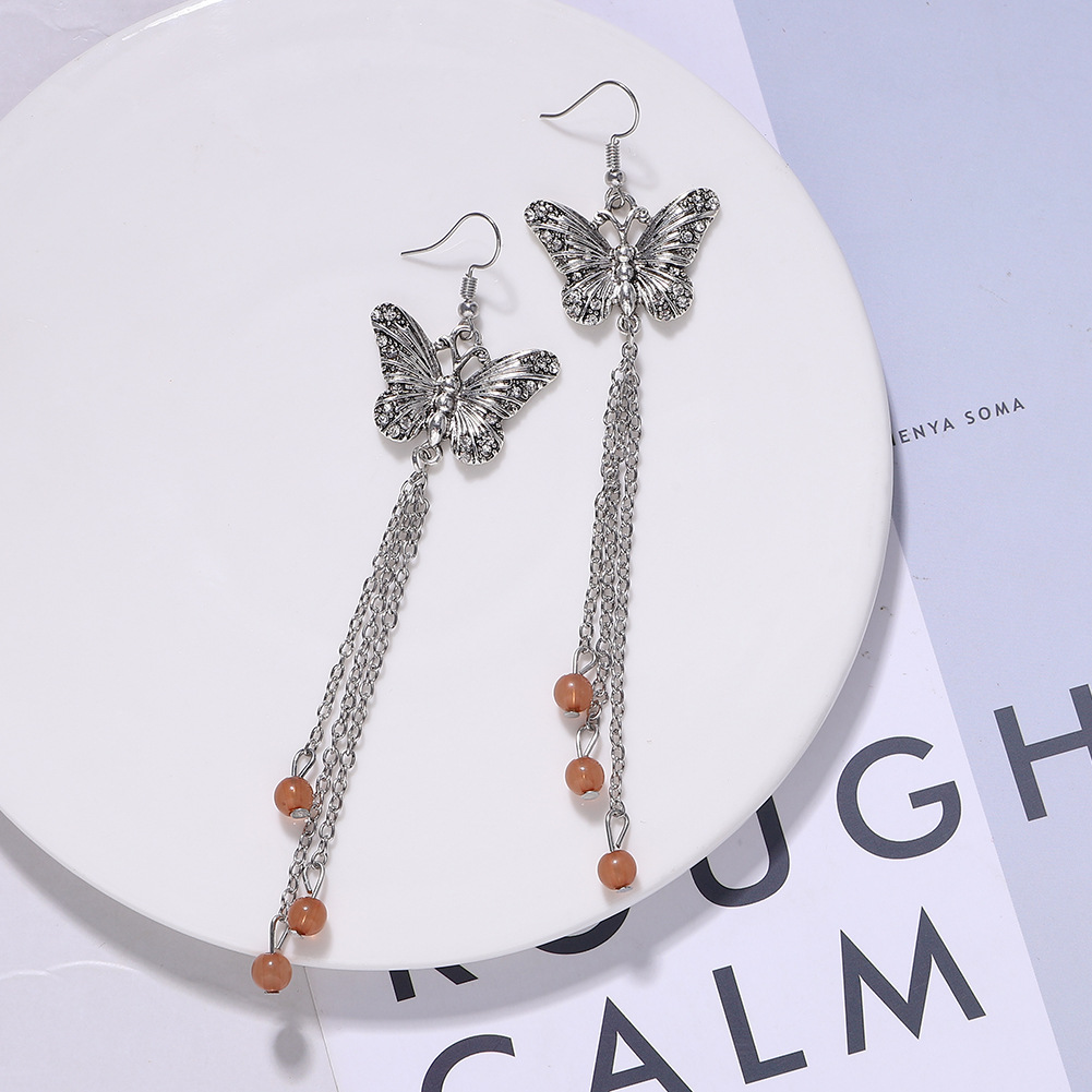 Alloy Diamond Butterfly Tassel Earrings Long Dress Accessories Earrings display picture 7