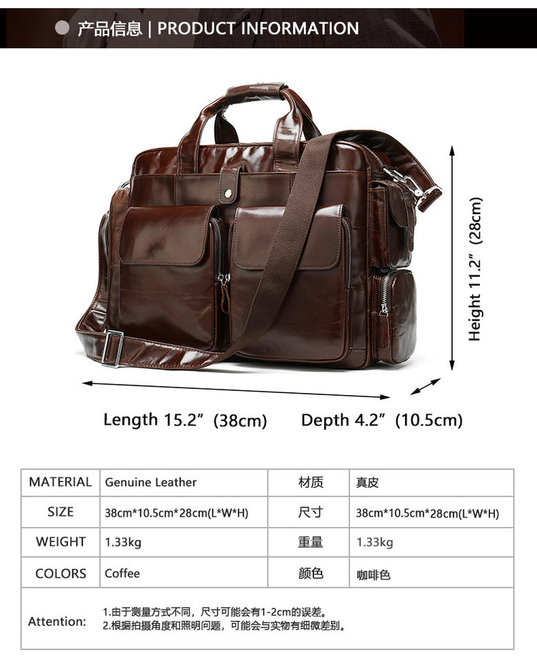 Túi xách công sở da thật da bò lớp đầu chống mài mòn, túi đeo vai nam đựng laptop 15 inch — Da ngựa điên màu cà phê chi tiết 9