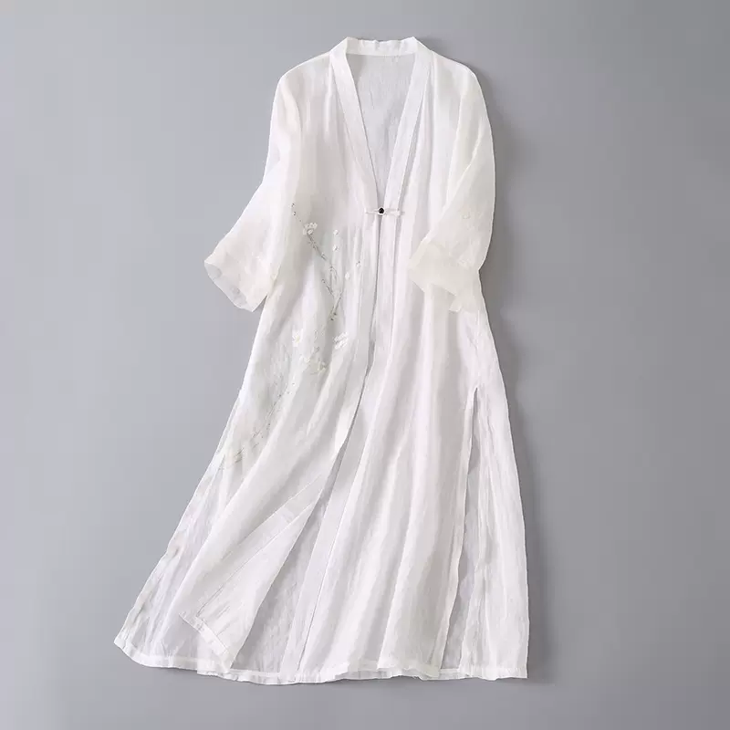 婵茶赋手绘七分袖外披女外套纯苎麻中式汉服民族风日常改良旗袍