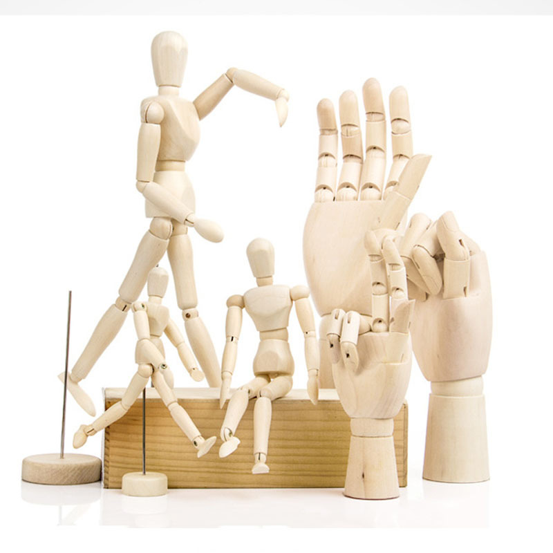 Mano de madera dibujos animados marioneta hecha a mano en forma de hombre loto madera móvil mano de madera bosquejo modelo conjunto pintura adornos de madera