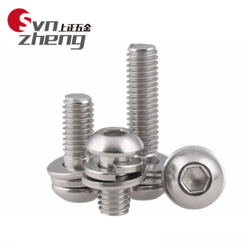 M3M4M5M6M8 304 stainless steel pan head inner hexagonal flat spring washer combination screw flat round head three combination screws