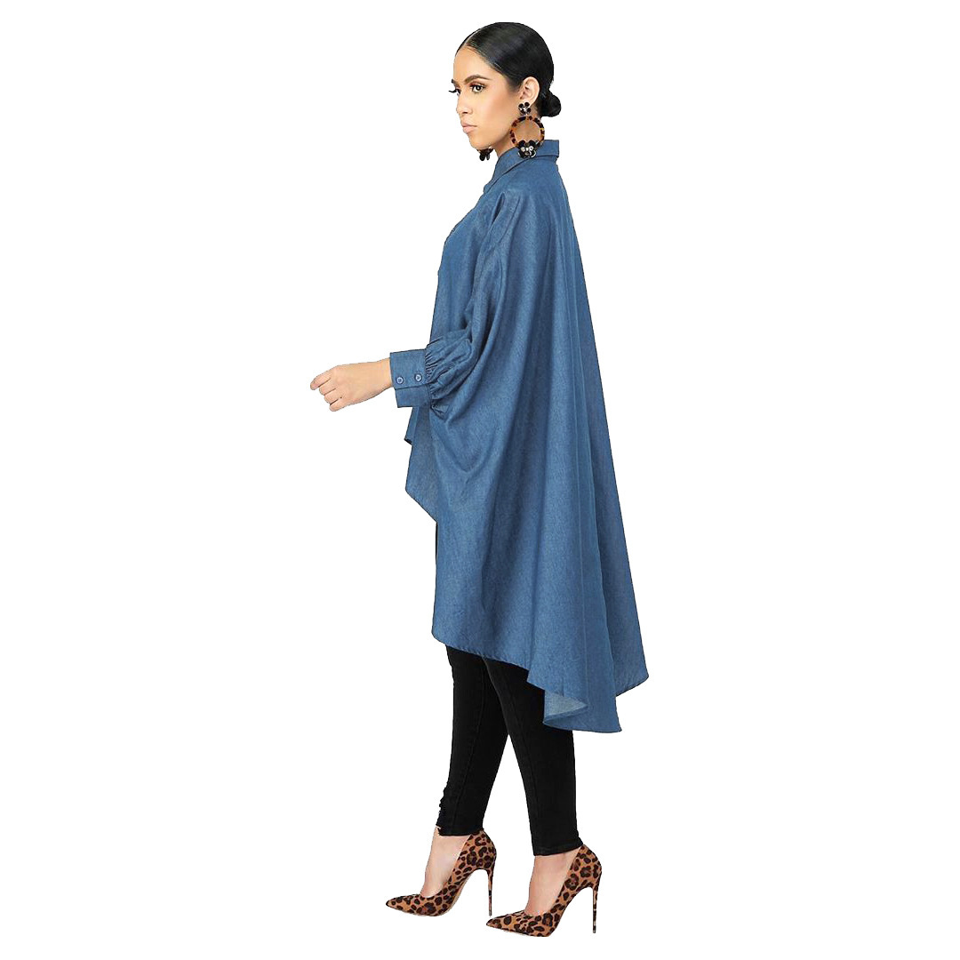 Blue Lapel Long Sleeve Loose Short Front & Long Back Longline Denim Blouse NSQYT99020