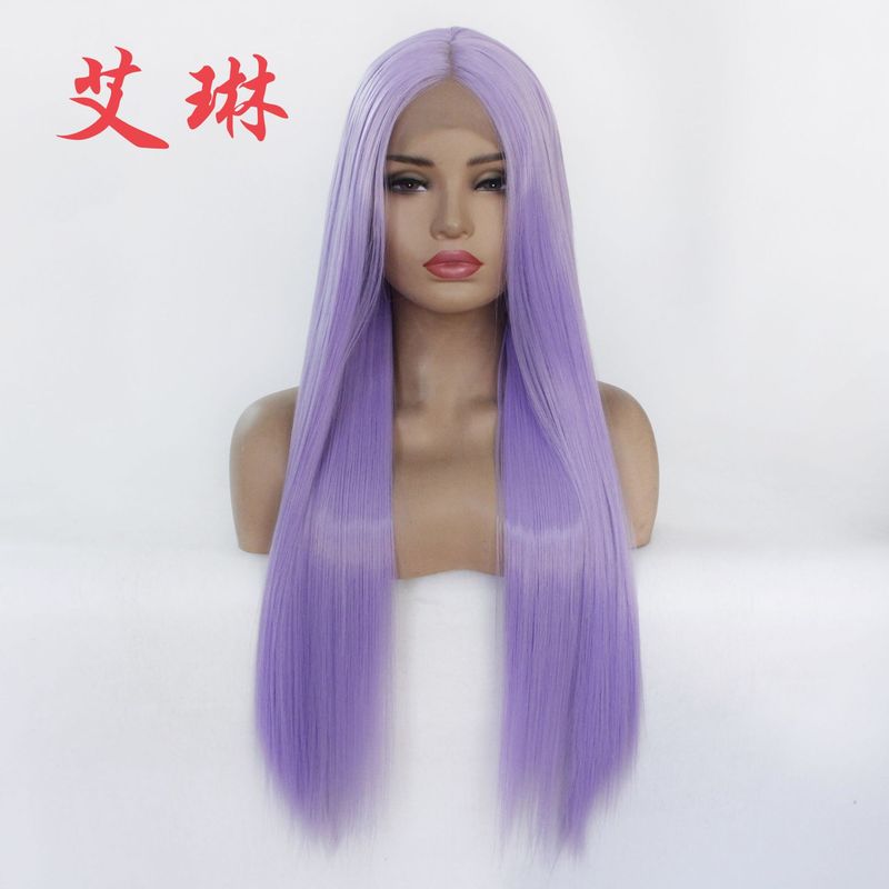 European and American Front Lace Women's Chemical Fiber Wig Headgear High Temperature Silk Half Hook Chemical Fiber Wig light purple Long Straight Hair
