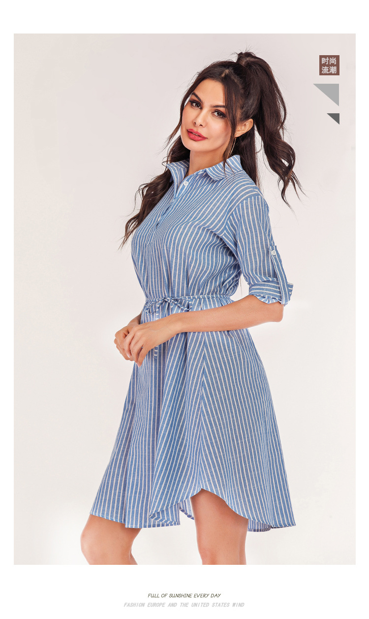 autumn plus size new lace-up waist blue striped casual dress  NSJR33414