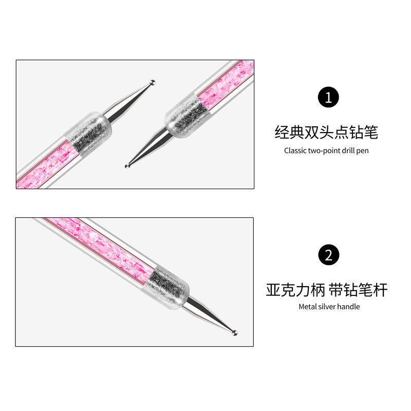 Herramientas de uñas suministros de herramientas de doble cabeza de clavo de punta de perforación cristal transparente con punto de diamante punto de la pluma