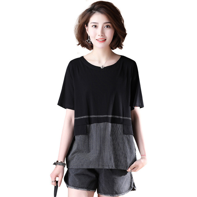 Stripe Stitching T-shirt Short Sleeve and Round Neck Casual Top