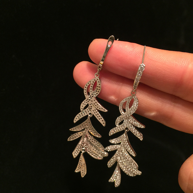 S925 Silver Needle Feather Earrings Super Flash Micro-inlaid Zircon Long Fringed Leaves Earrings display picture 6