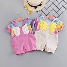 新款夏季儿童女宝宝短袖套装彩虹圆领短袖背带翅膀短裤两件套代发