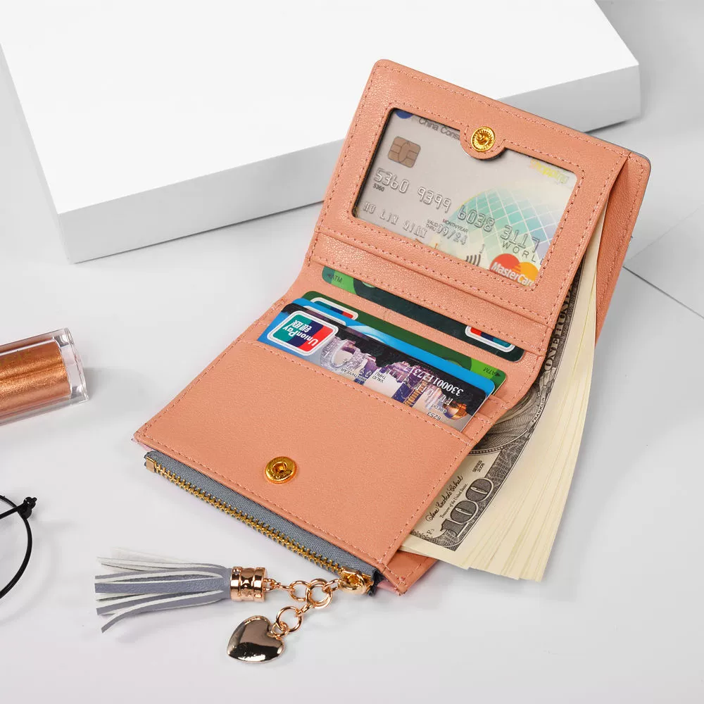 Short leather folding wallet, Korean style, contrasting stitching, zipper coin pocket, multi‑card