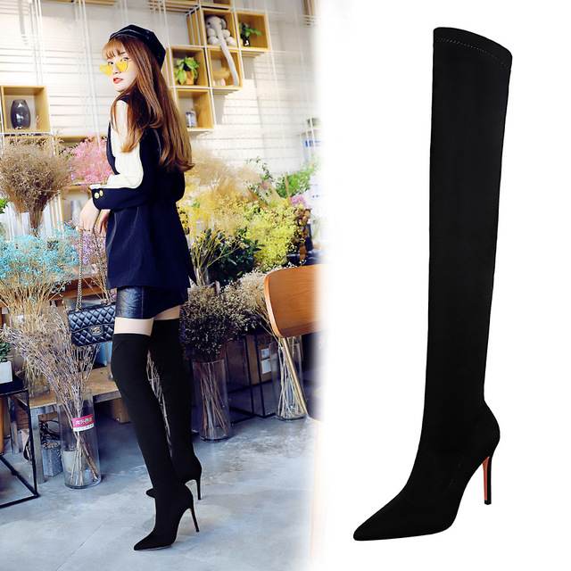 high heel elastic Lycra thin heel pointed slim knee high boots