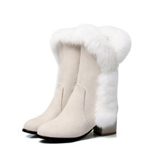 跨境外貿冬季保暖毛毛黑色靴子女冬高跟鞋粗跟絨面兔毛中大碼廠家