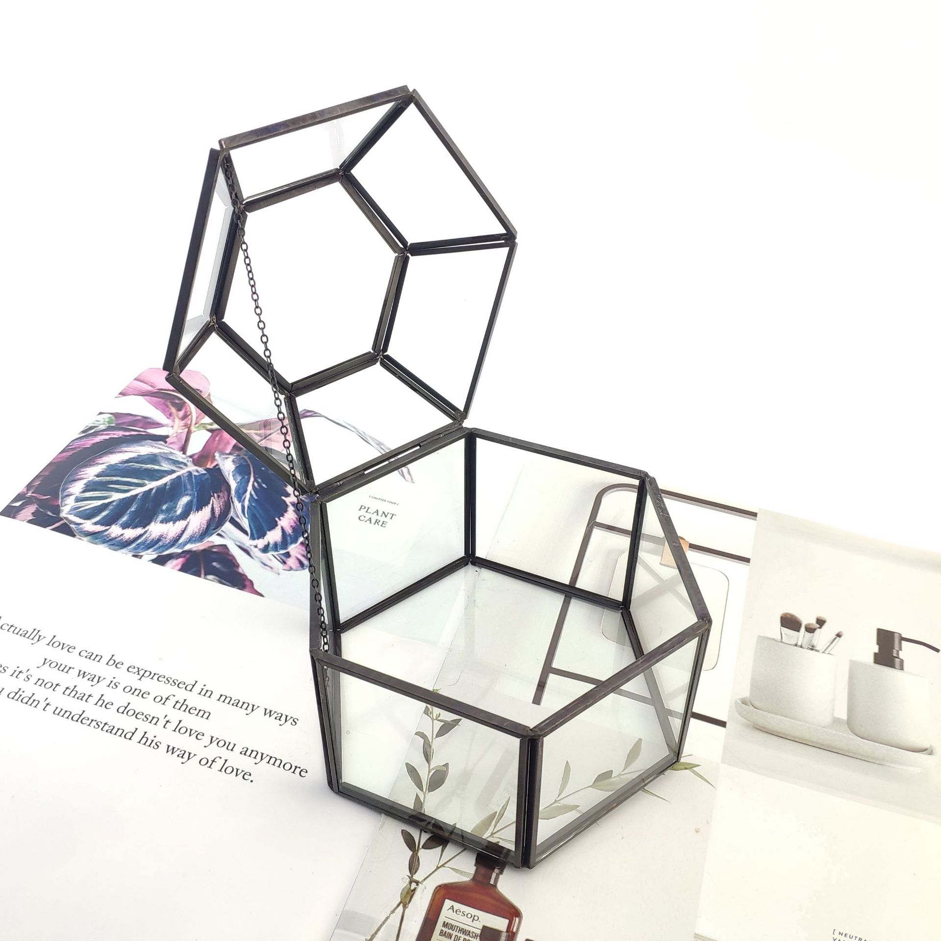 【跨境专供】黑色永生花六角开盖玻璃首饰盒几何工艺品花房|ms