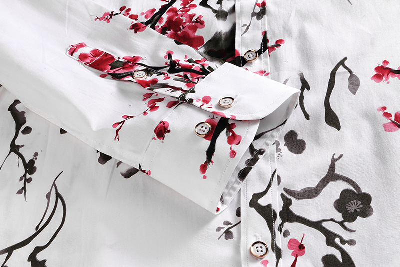 Spring and Autumn New Men's Large Size Satin Flower Long-sleeved Slim-fit Shirt Ethnic Style Printed Shirt Large Size Men's Shirt