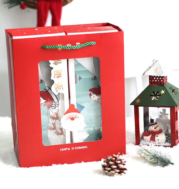 圣诞手提包装袋 红色开窗礼品袋 手提礼袋 英文伴手礼鲜花袋子