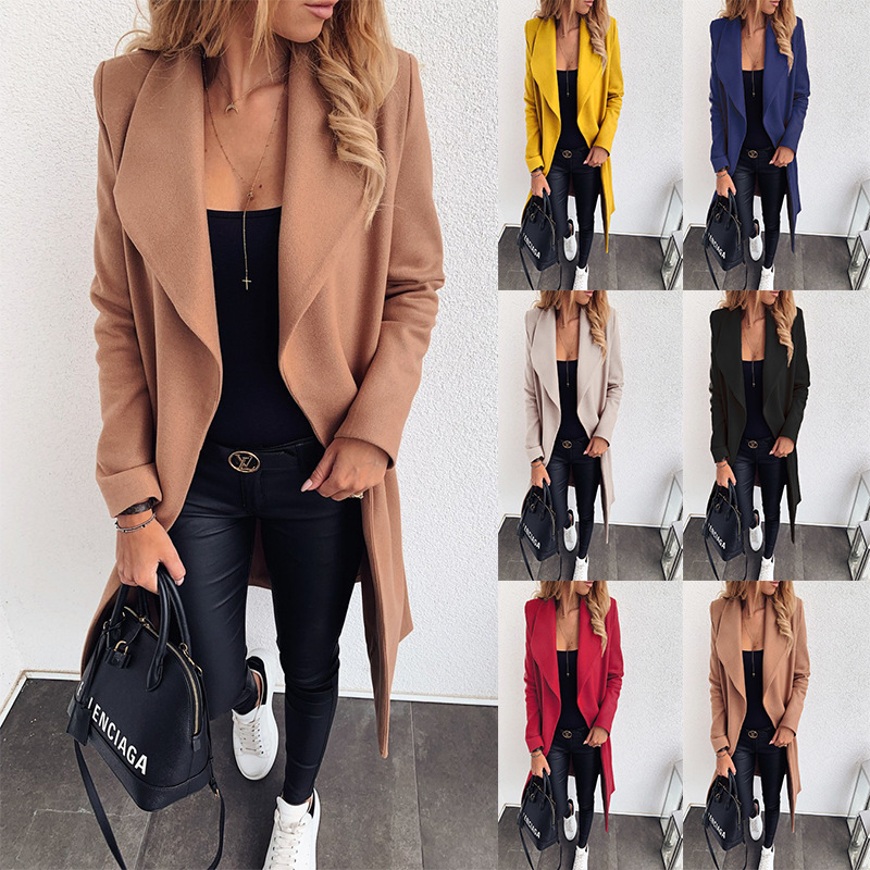 EBay express wish popular European and American solid color Lapel medium and long bandage woolen coat windbreaker women